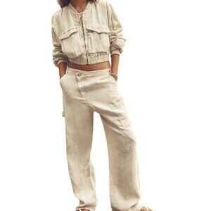 ZARA LINEN PANTS AND LINEN BOMBER JACKET SET